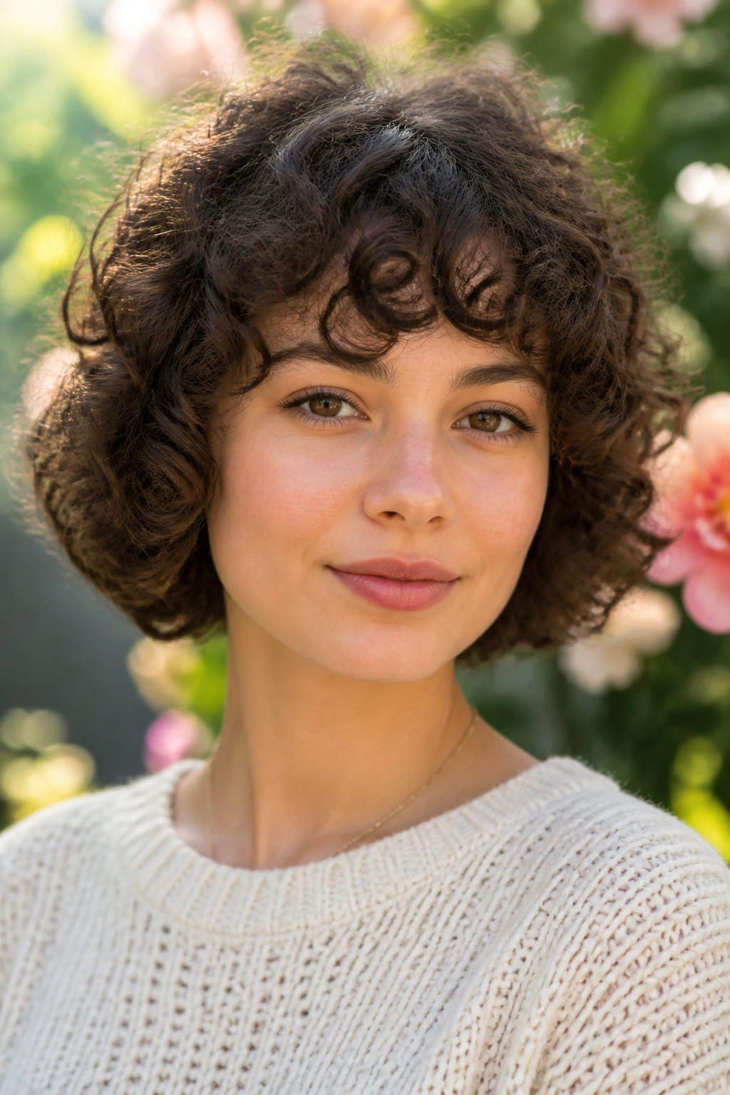 Close-up of a real woman with a curly bob and rounded bangs in soft natural light
