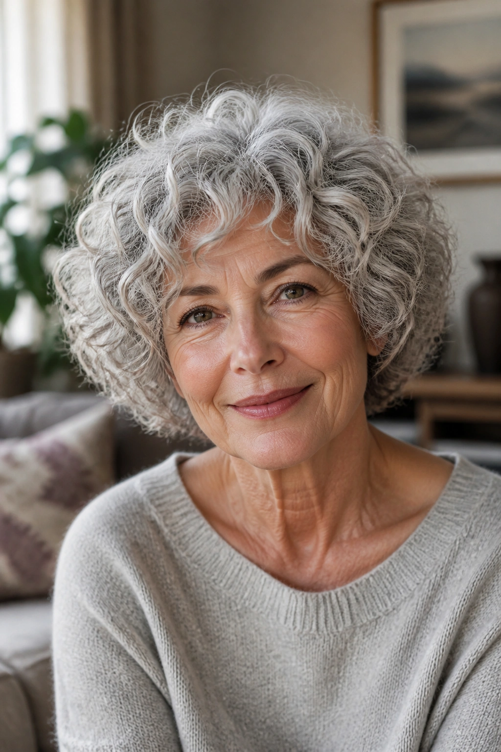 Gray curly bob with rounded silhouette on a real person.