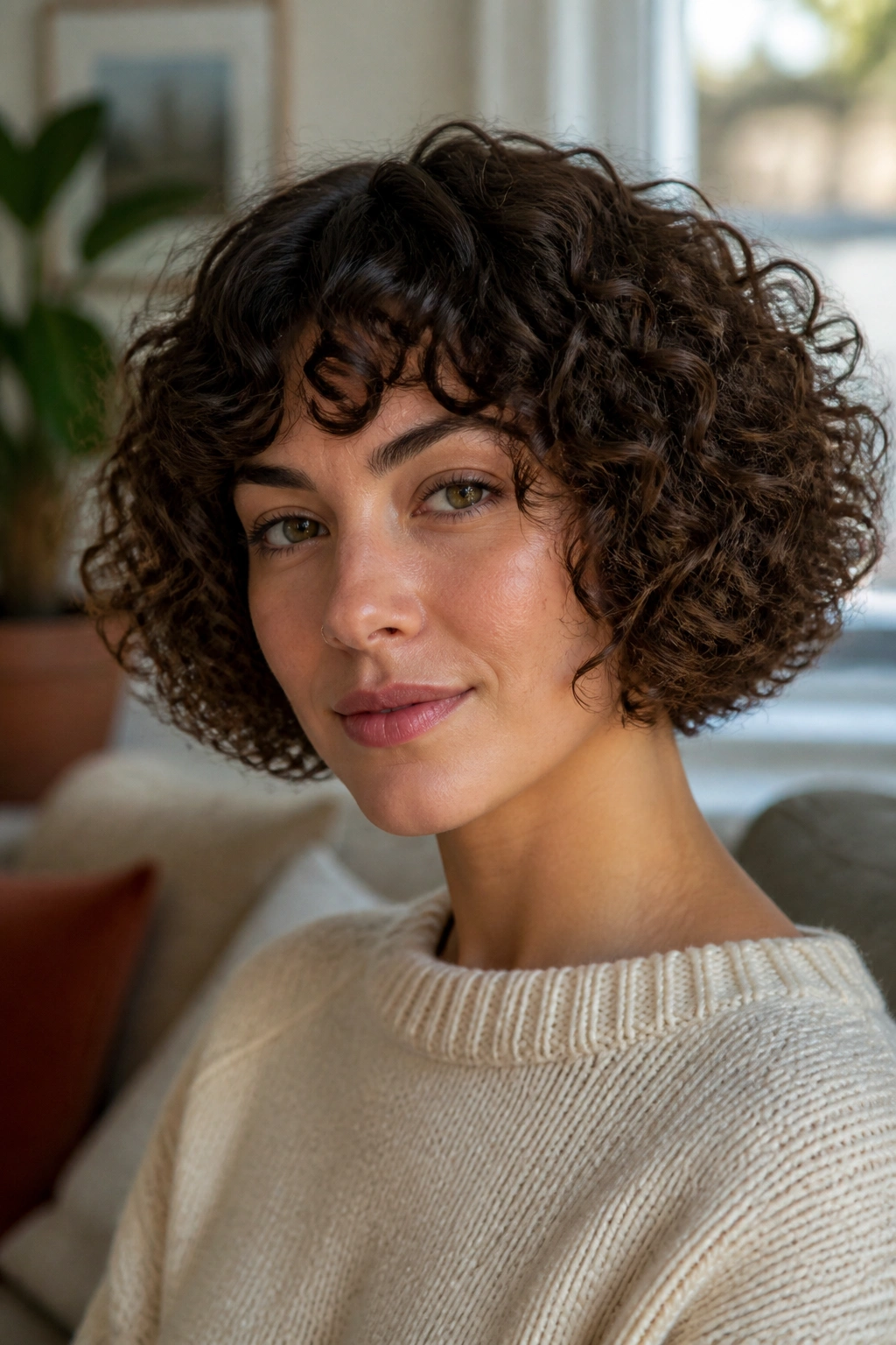 Close-up of a real woman with a rounded curly bob by a window