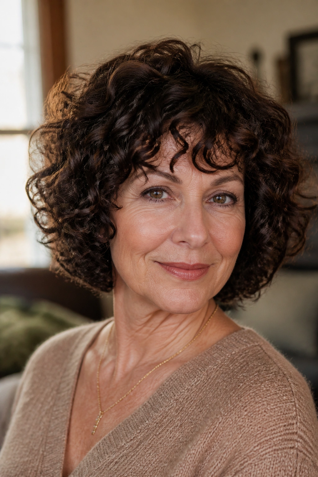 Close-up portrait of a woman with a rounded curly bob in warm window light.