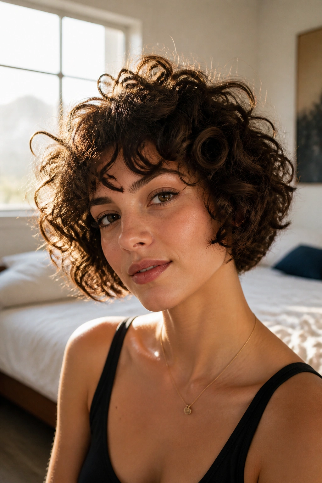 Close-up of a real woman with a curly choppy bob and rounded silhouette in natural light