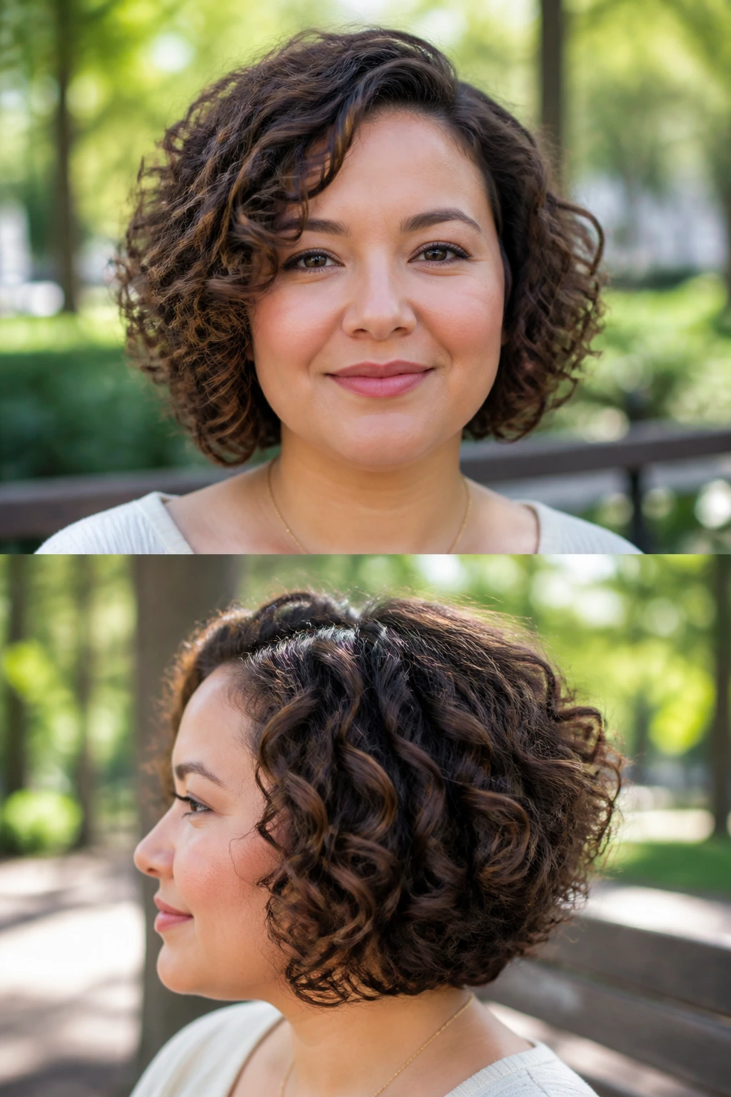 Real woman with curly bob for round face in natural daylight