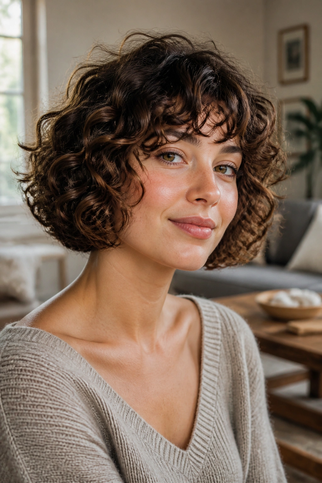 Real woman with curly rounded bob showing defined shape and curl pattern
