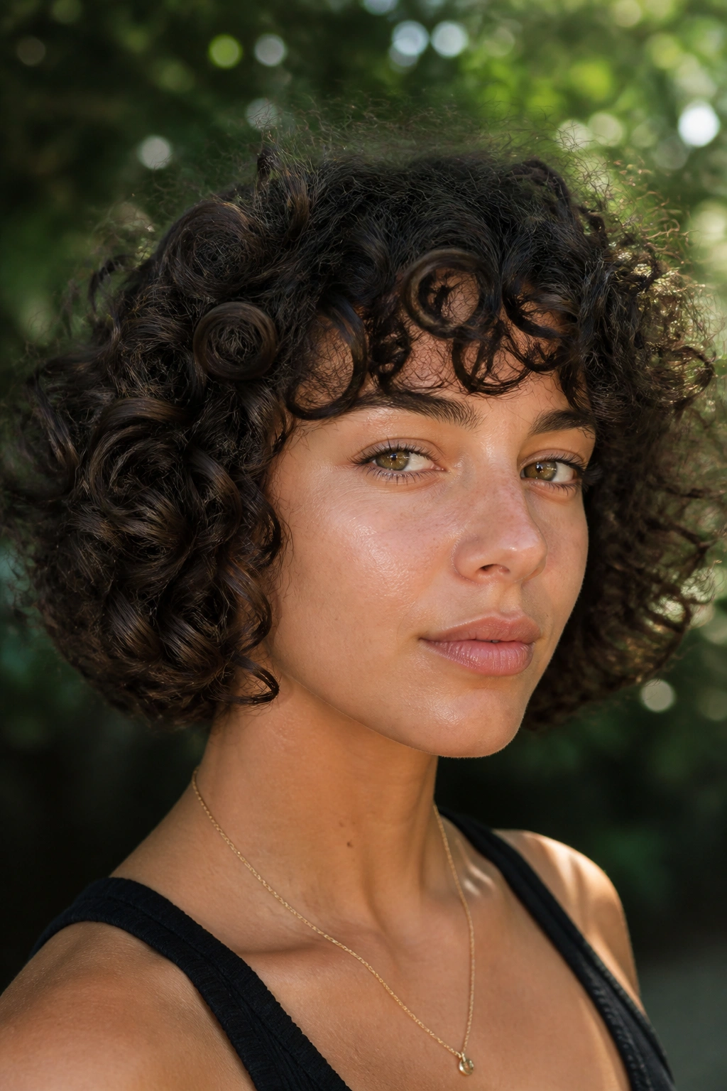 Real woman with curly medium bob and shaped bangs in natural outdoor light.