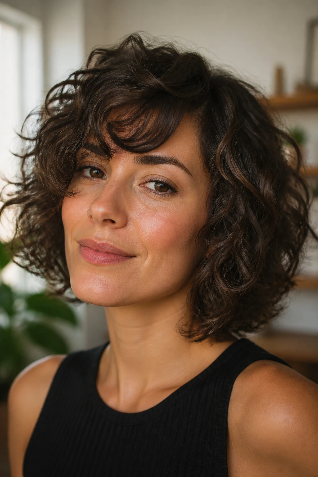 Close-up of a woman with curly bob and side bangs