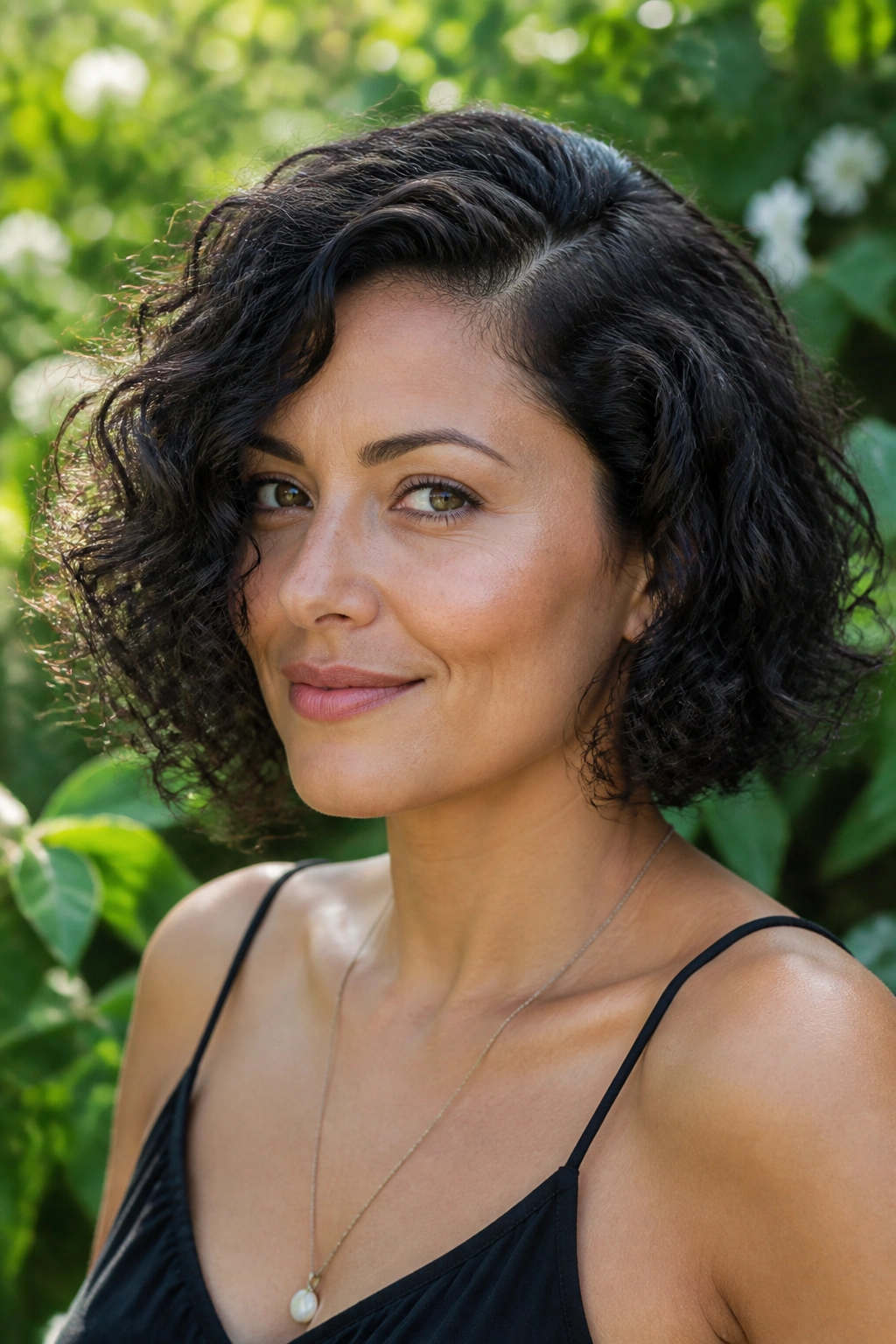 Portrait of a real woman with curly side-parted layered bob respecting curl pattern