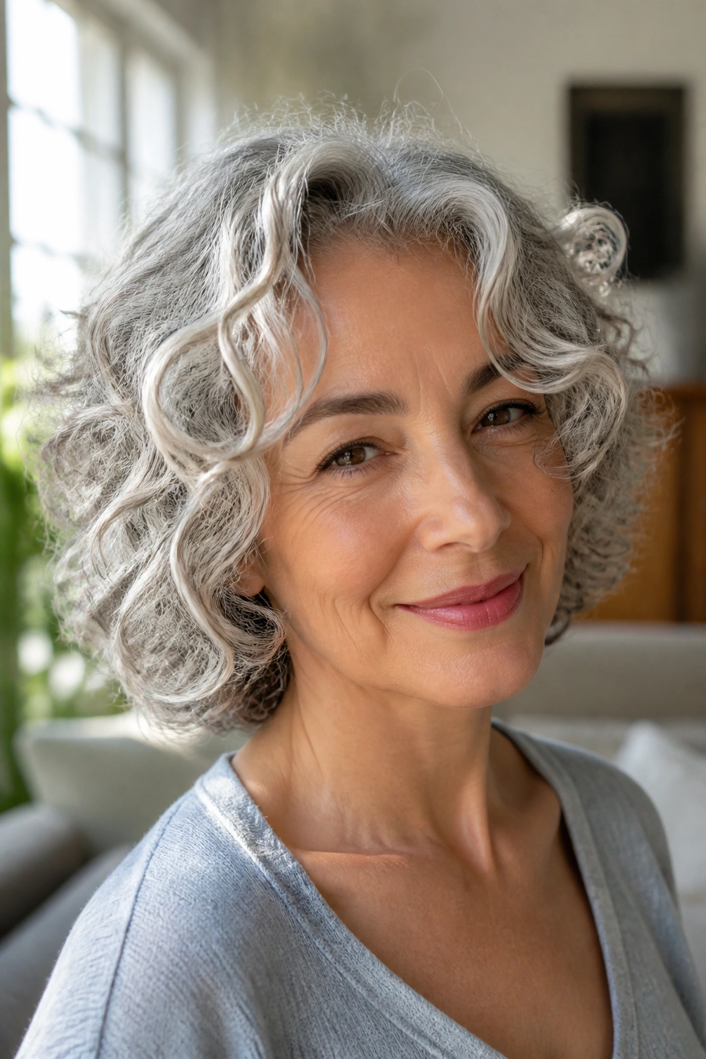 Silver curly bob close-up portrait