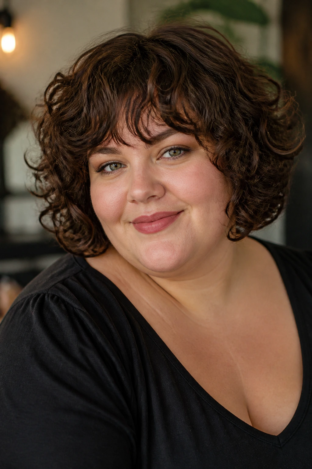 Real woman with curly bob and soft bangs in soft indoor light