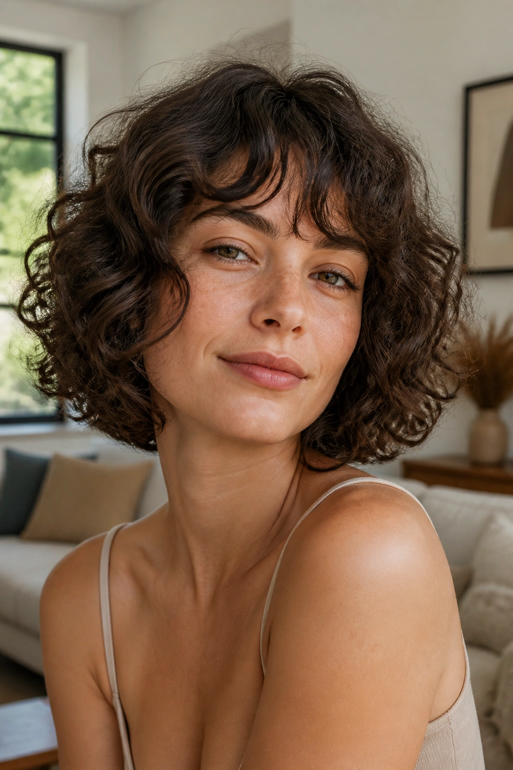 Close-up of a woman with a soft-shaped curly bob in natural light