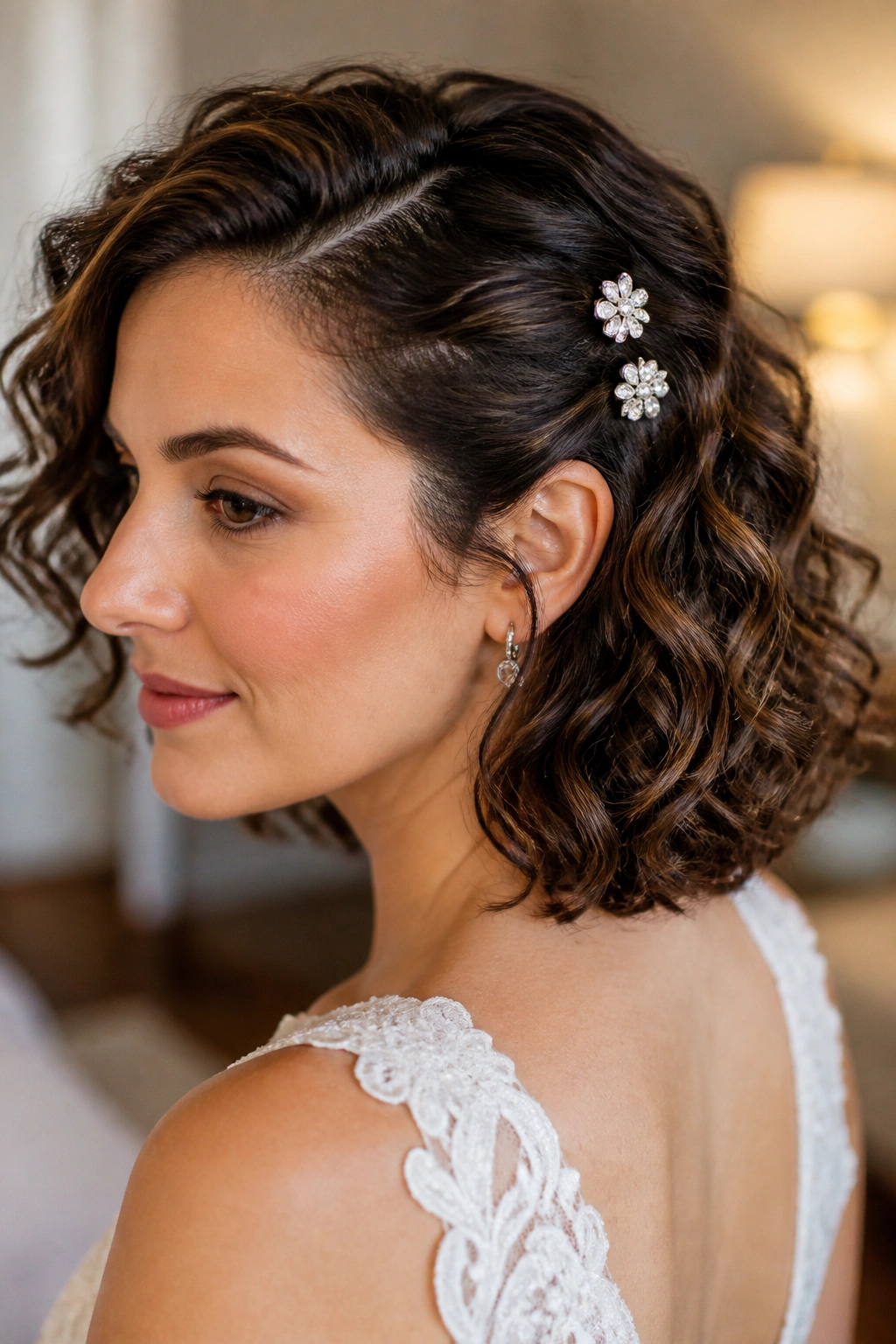 Bride with shoulder-grazing curly bob and sparkle pins