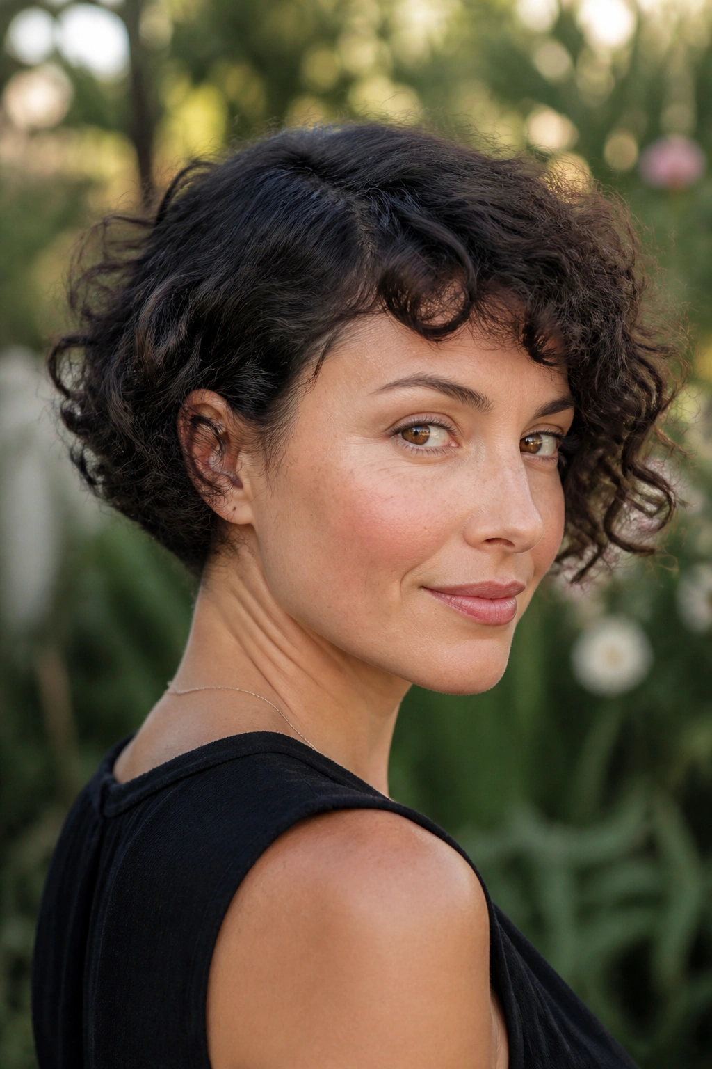 Close-up of curly bob with tapered shape on a real woman