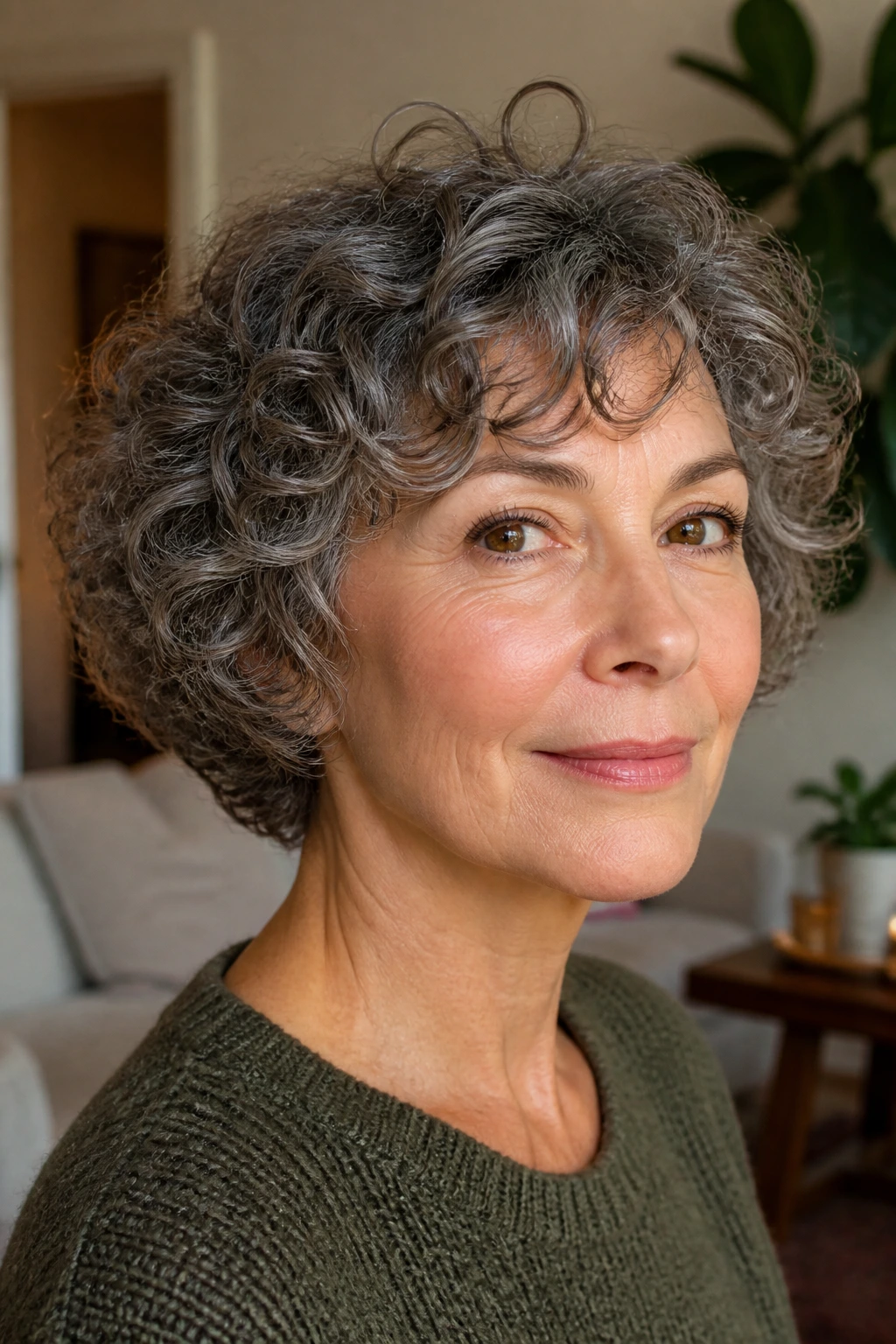 Portrait of a real woman with a curly bob and tapered shape.