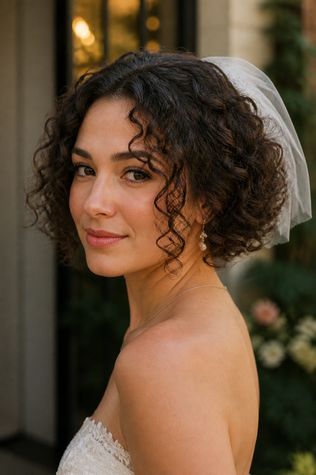 Close-up of curly bob with face-framing tendrils and mini veil
