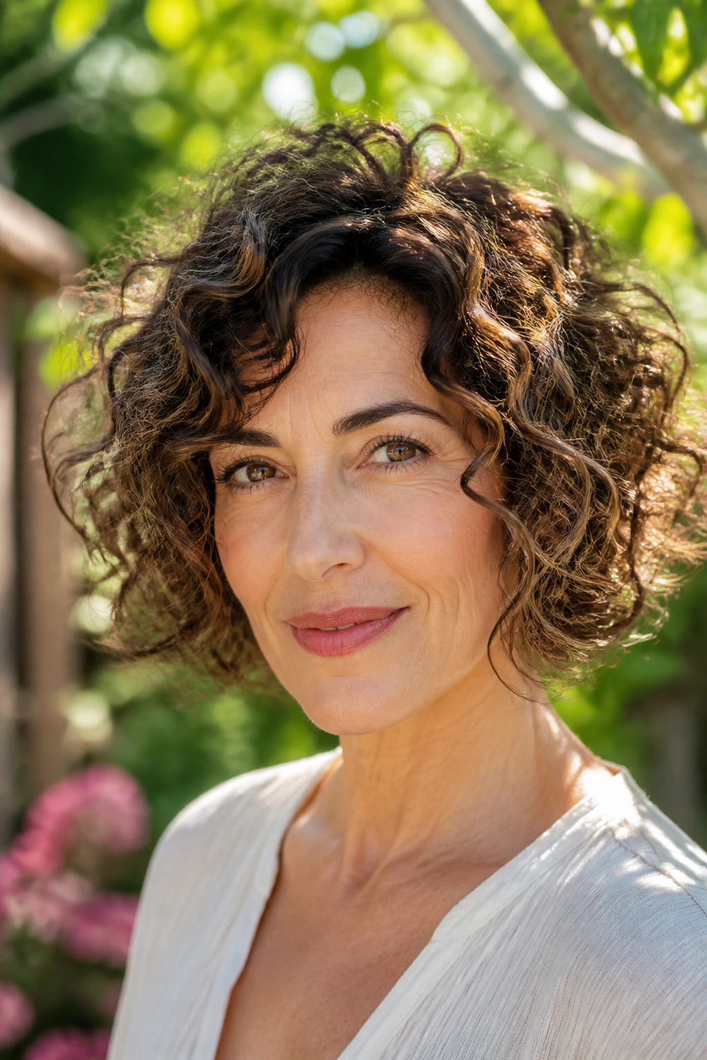 Close-up portrait of a real woman with a curly bob featuring textured curls