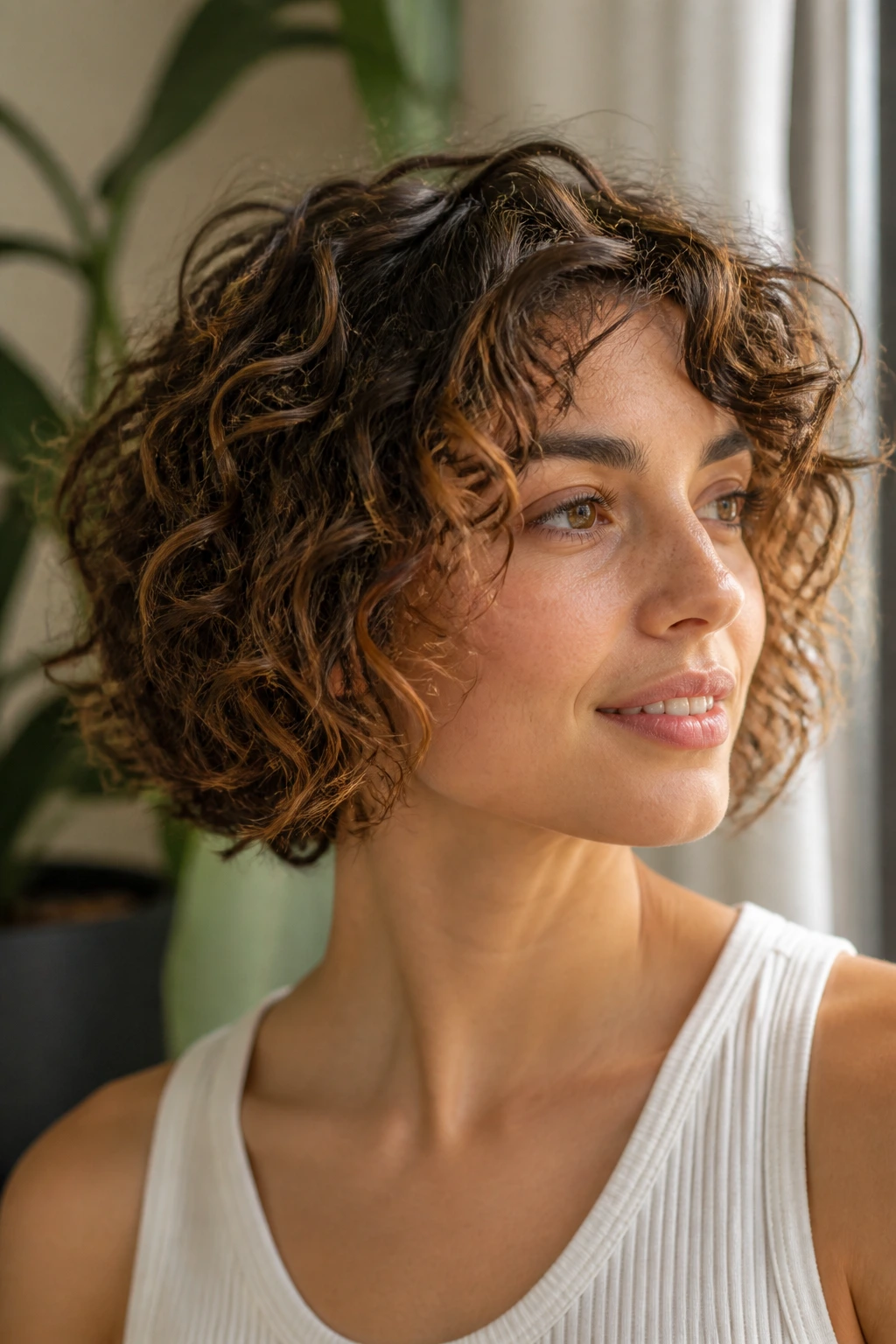 Close-up of a real woman with curly tousled bob and broken-up ends
