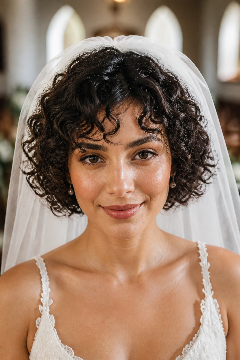 Close-up portrait of a real bride with a curly bob and veil tucked under the crown, front view in wedding venue