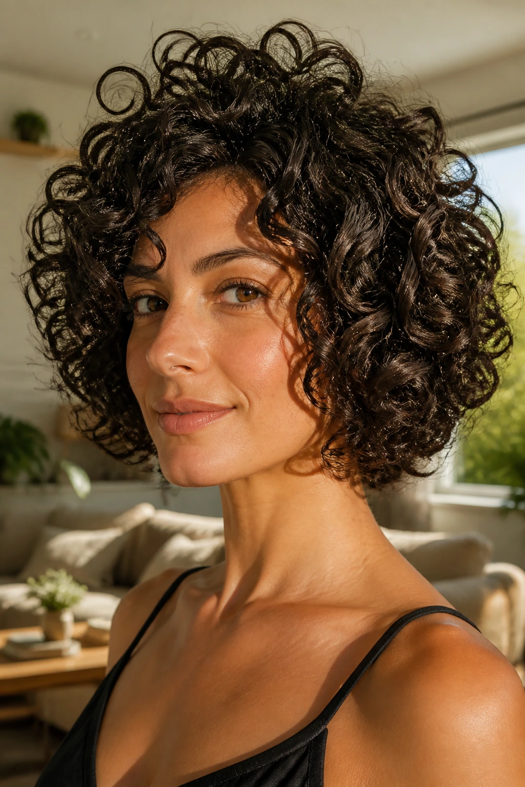 Close-up of a real woman with a voluminous curly bob