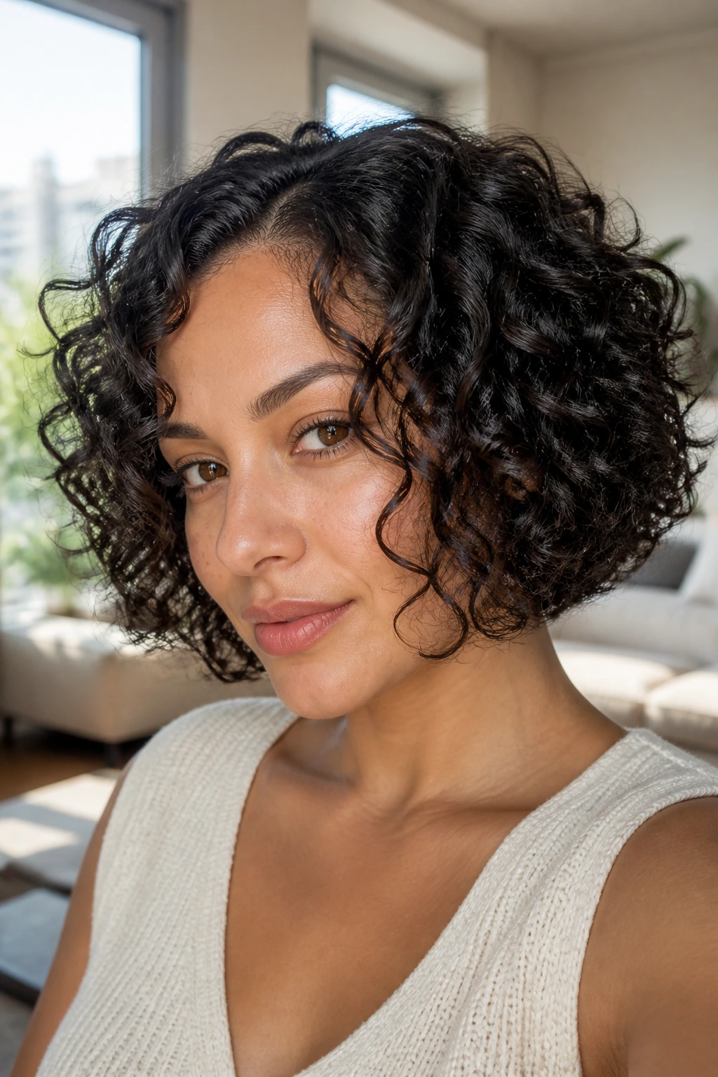 Close-up of real woman with wash-and-go curly bob