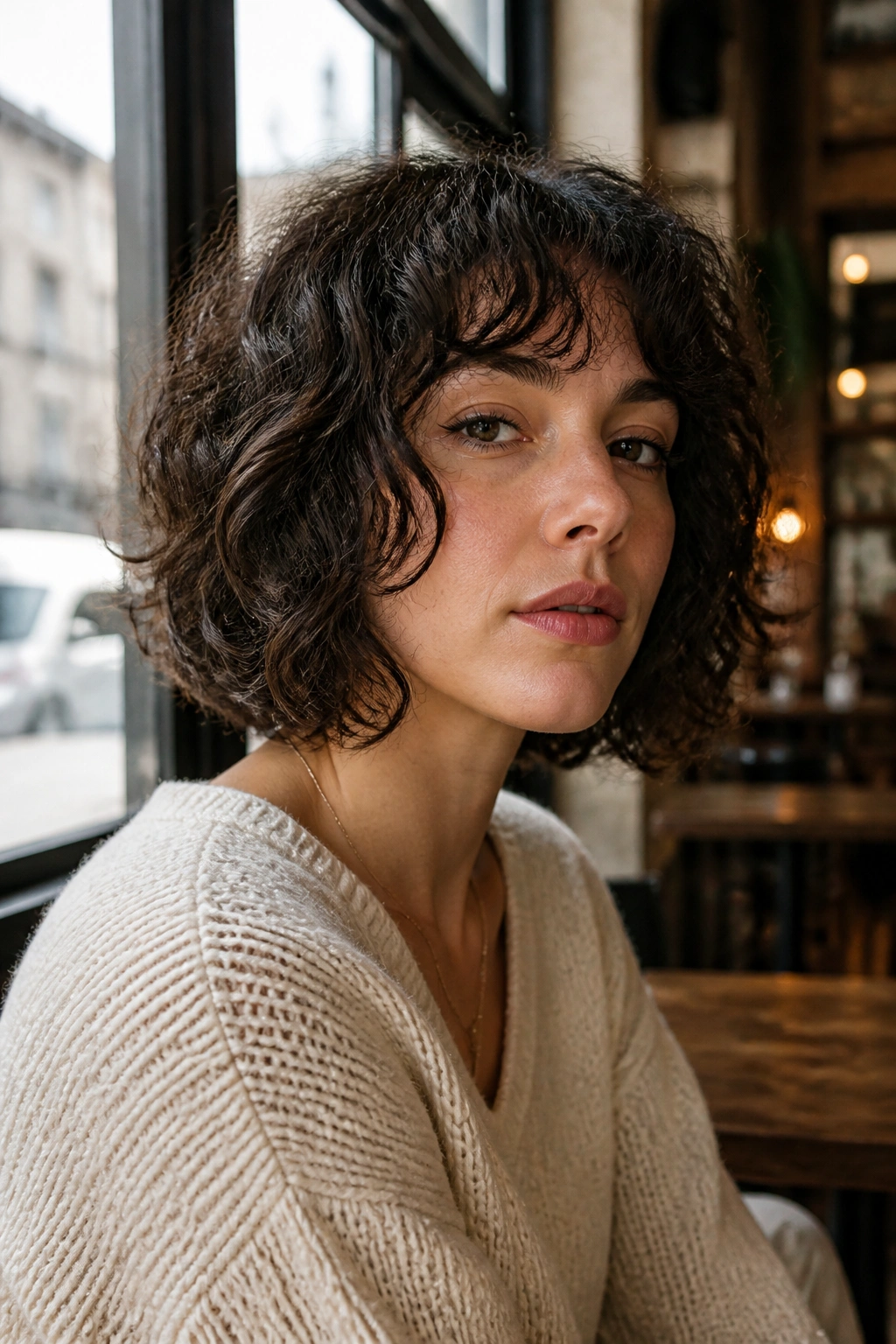 Close-up portrait of a real person with curly bob-wolf hybrid hairstyle
