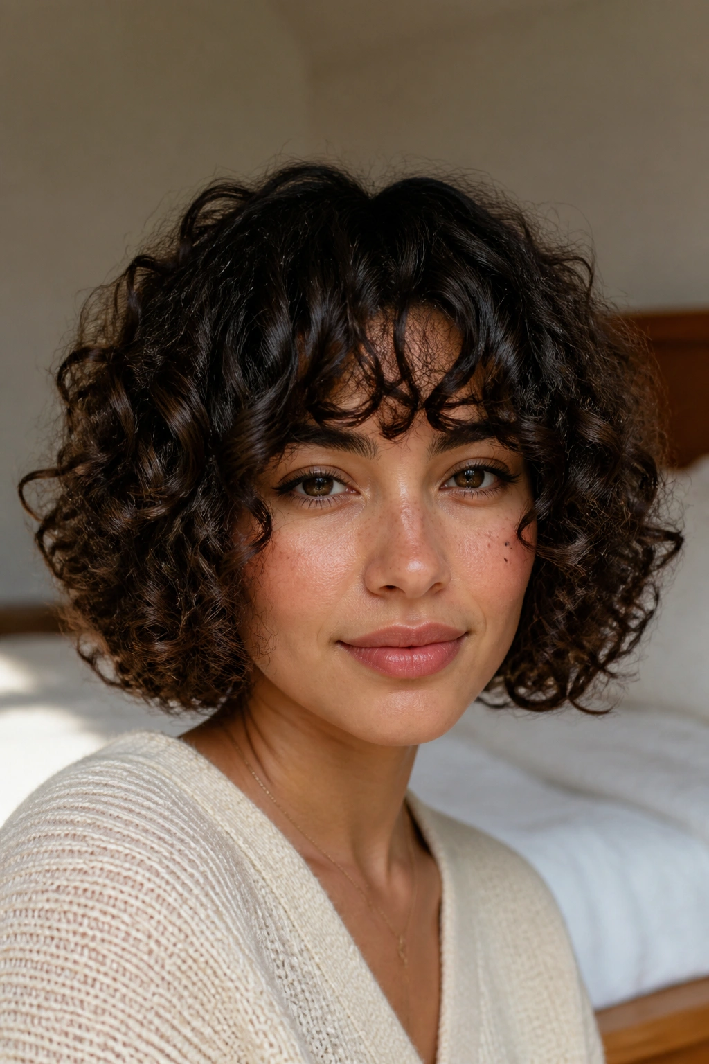 Close-up of a real woman with Curly Bob With Bottleneck Bangs in warm window light