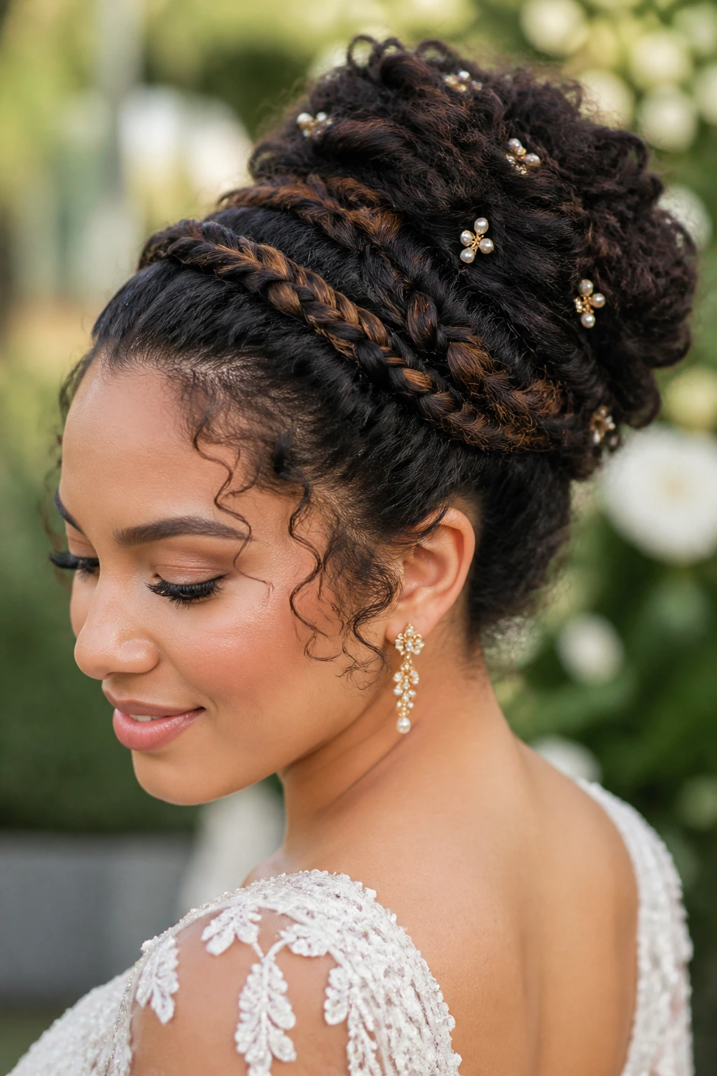 Bride with curly hair in a braided updo with pinned coils.