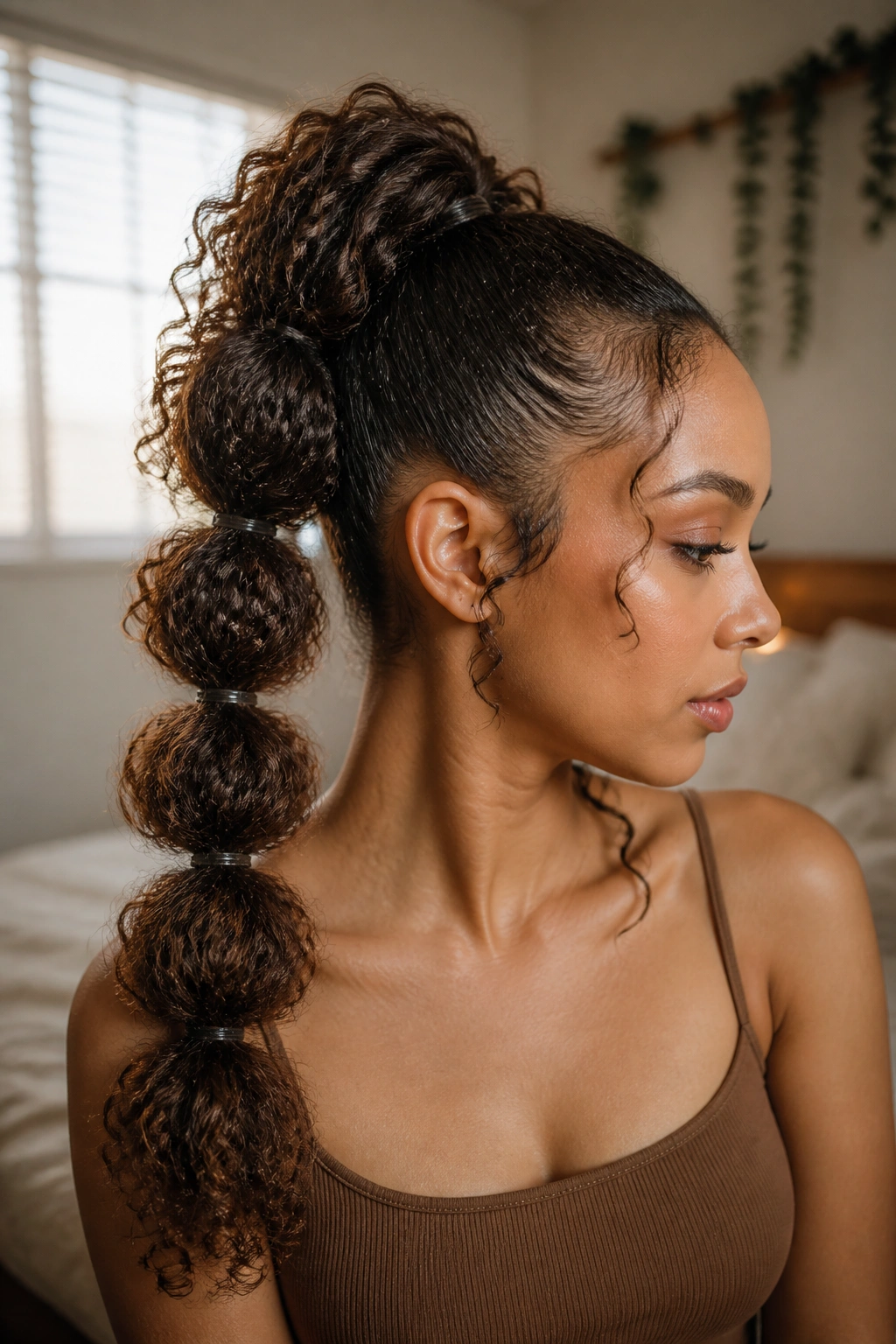 Close-up of a real woman with a curly bubble ponytail showing textured curls between elastics in a warm bedroom