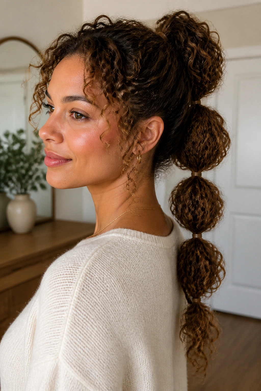 Close-up of a woman with curly bubble ponytail and soft volume.