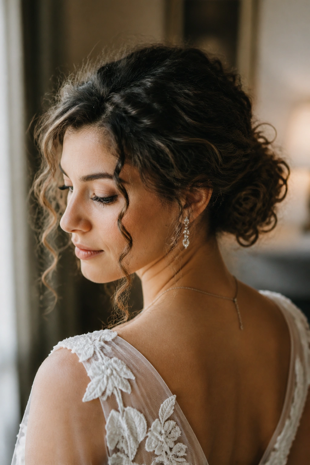 Close-up of a bride with a messy curly bun and face-framing pieces