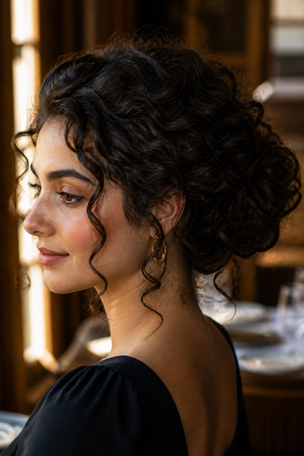 Close-up of a real woman with a low curly bun and tendrils framing the face