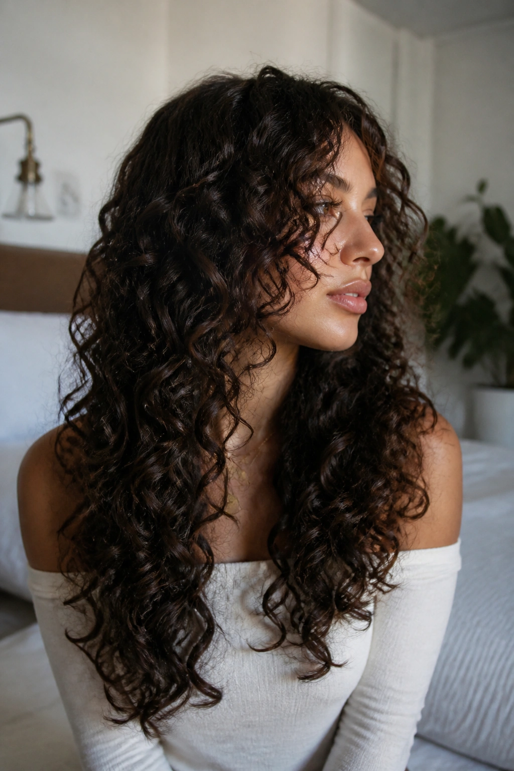 Real woman with curly butterfly cut and shaped springy layers in soft daylight