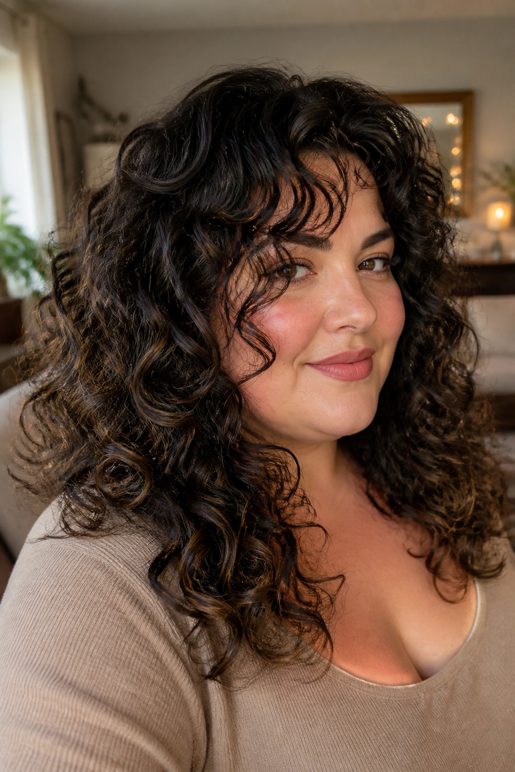 Close-up portrait of a real woman with curly butterfly cut and dry layers, diffused indoor light.