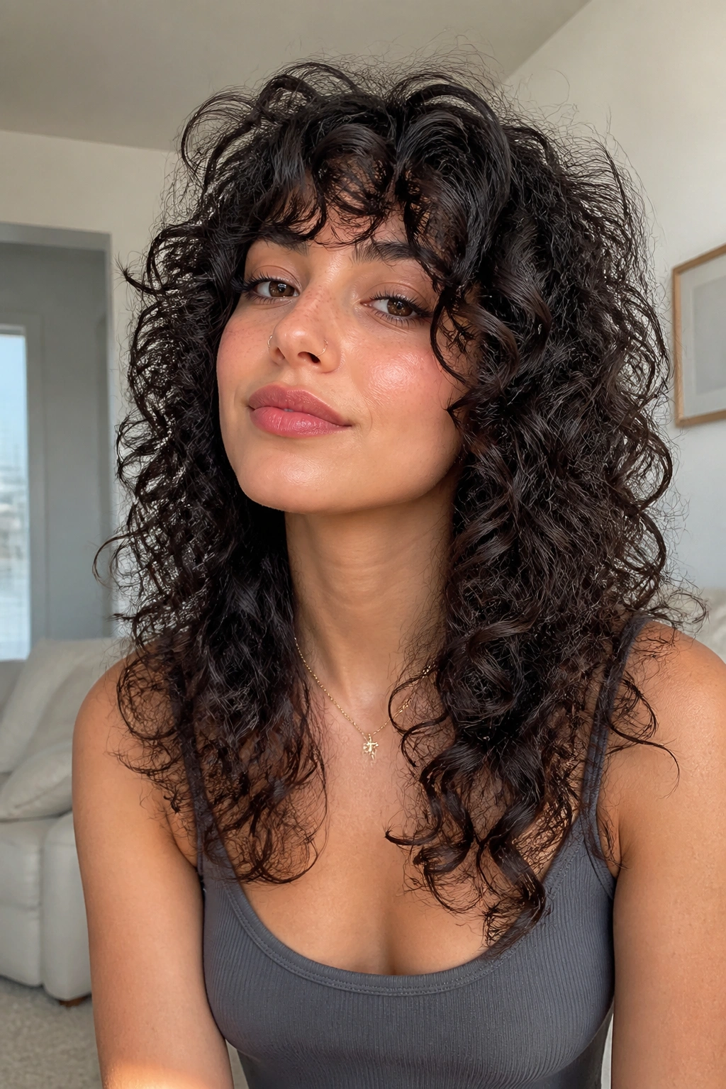 Real woman curls framed by butterfly wolf cut, curls breathing with open pattern.