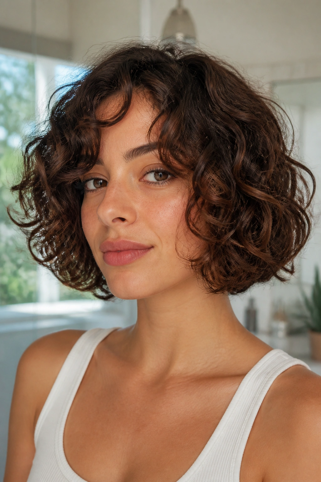 Close-up of a real person with curly chin-length bob showing stacked curls