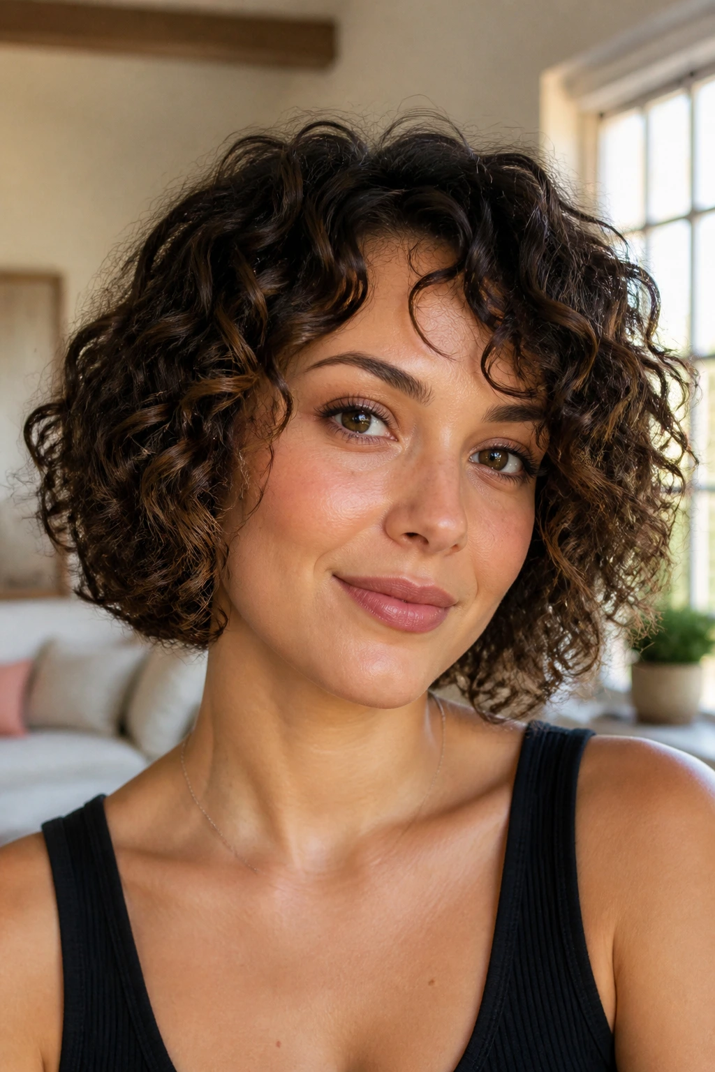 Close-up of a real woman with curly chin-length bob for round faces