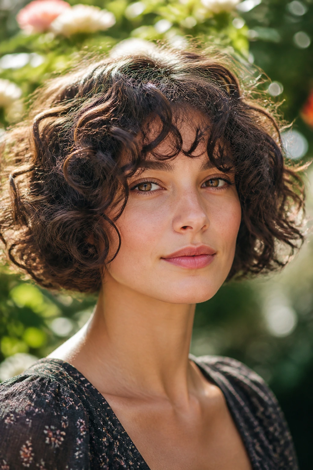 Close-up of a real woman with curly chin-length bob in garden light