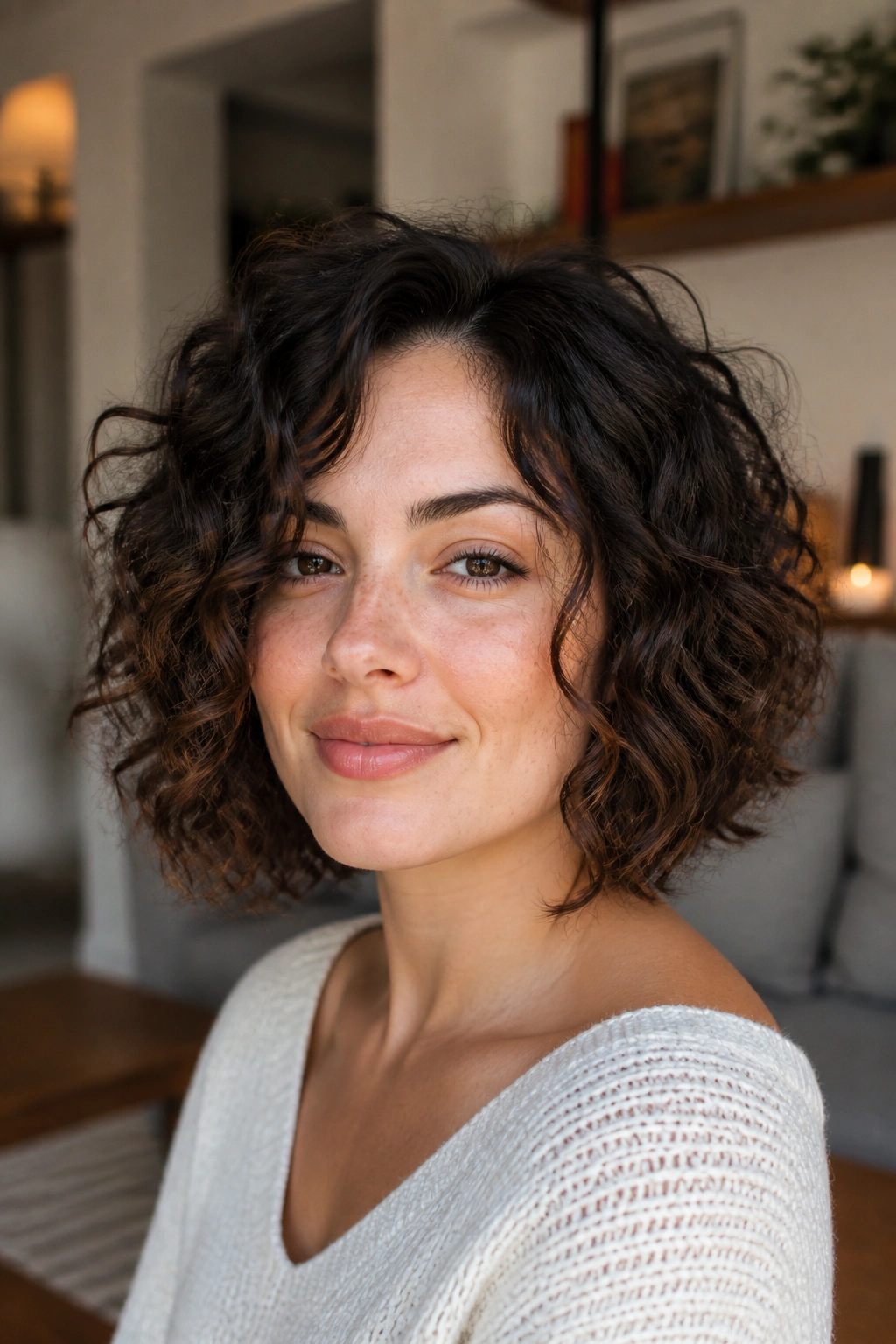 Real woman with curly choppy bob that flatters round face.