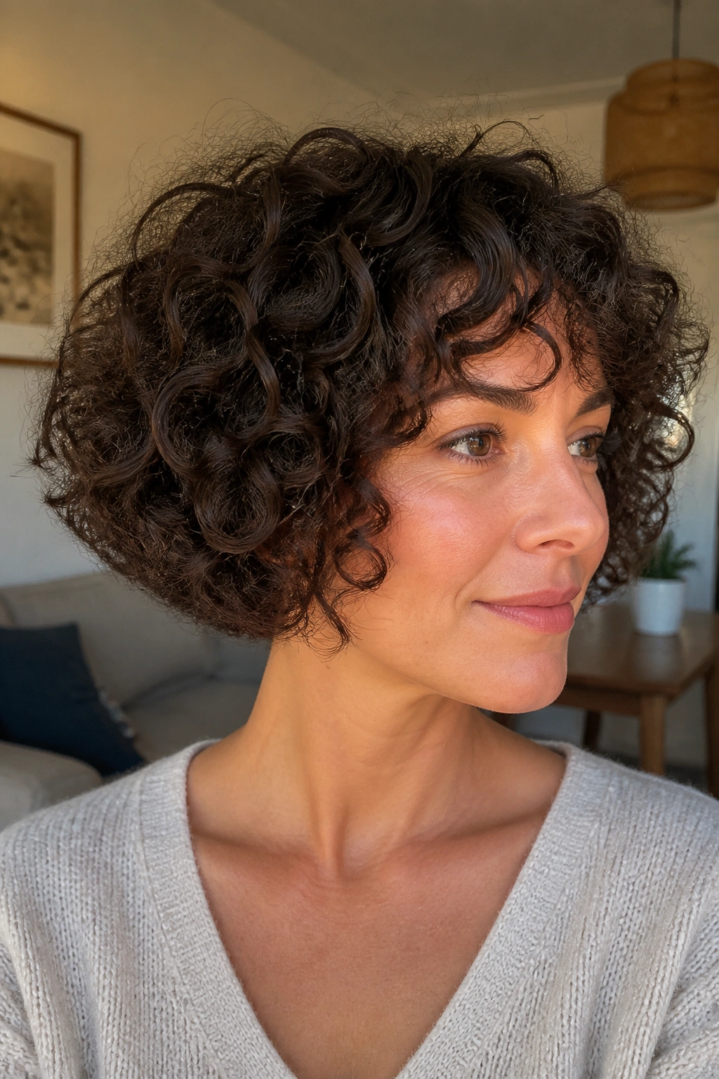 Close-up portrait of a real woman with curly choppy bob and rounded silhouette