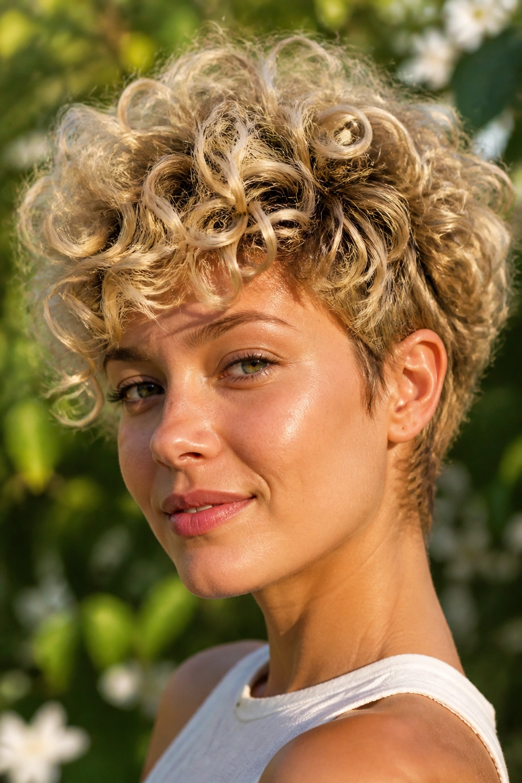 Close-up portrait of a real woman with curly cloud pixie in outdoor light
