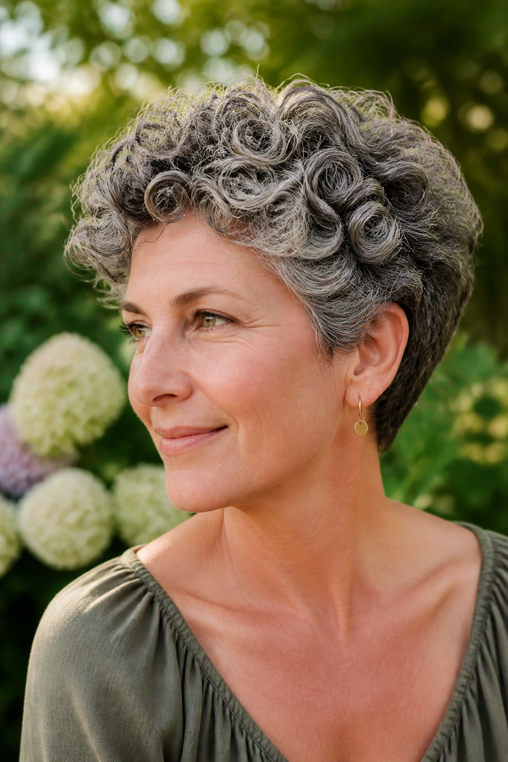 Close-up of a real woman with a curly crop in natural outdoor light.
