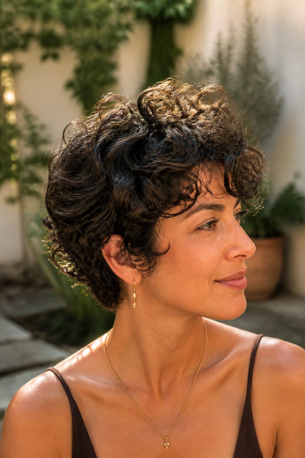 Close-up of a real woman with a curly crop and airy layers in a sunlit courtyard