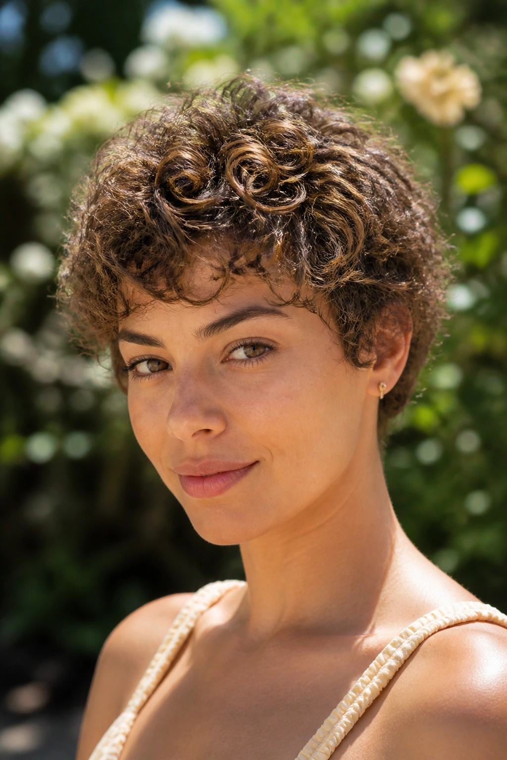 Close-up portrait of a real woman with sandy brunette curly crop in natural outdoor light.