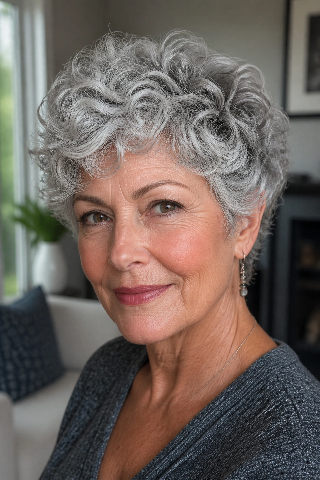 Close-up portrait of a real woman with curly gray hair in a defined crop