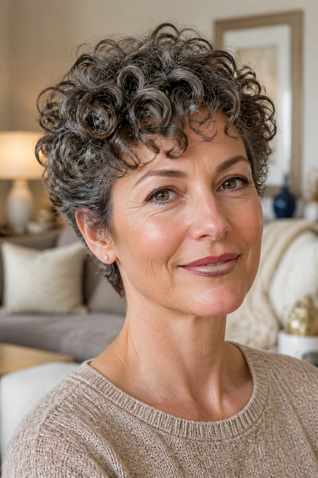 Close-up of a woman with a defined short curly crop.