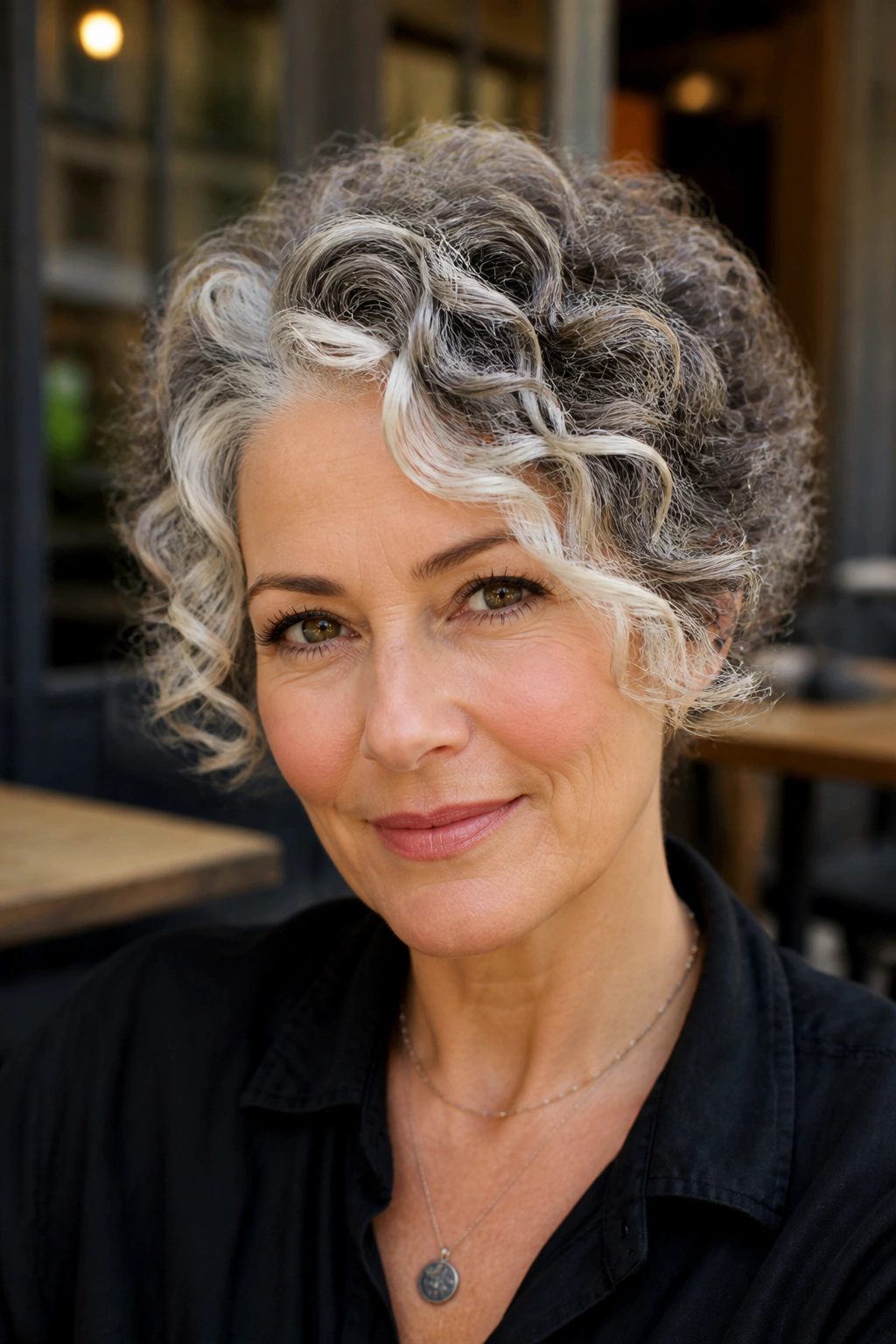 Close-up of a real woman with a curly crop and a bright face frame