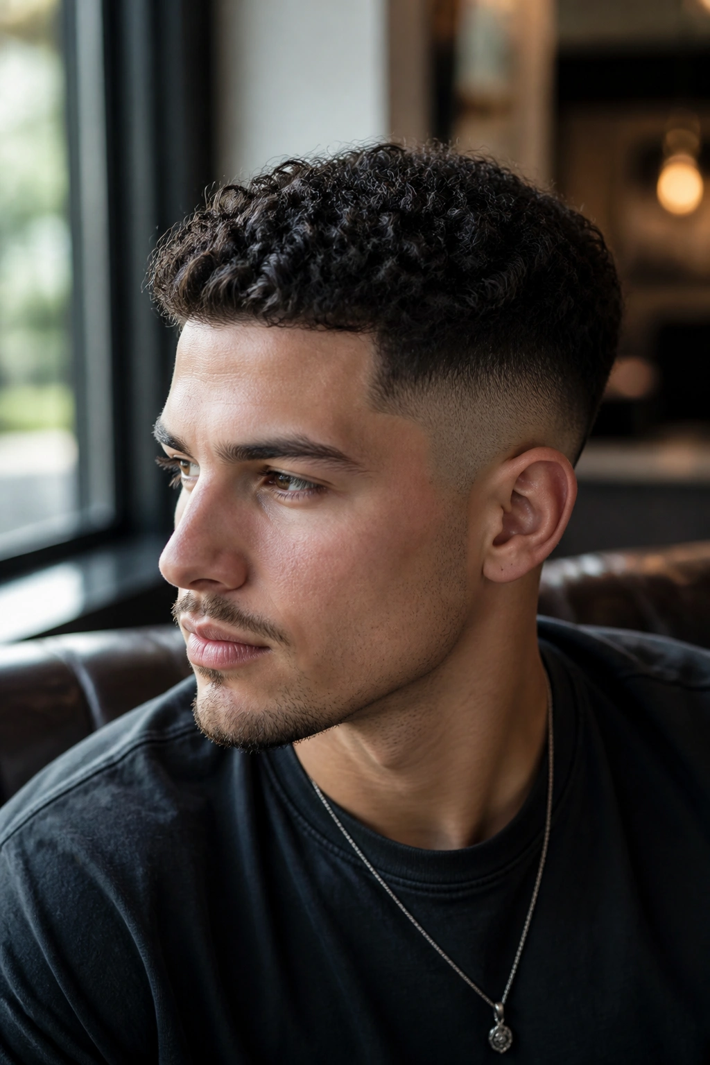 Man with curly crop fade portrait in modern cafe