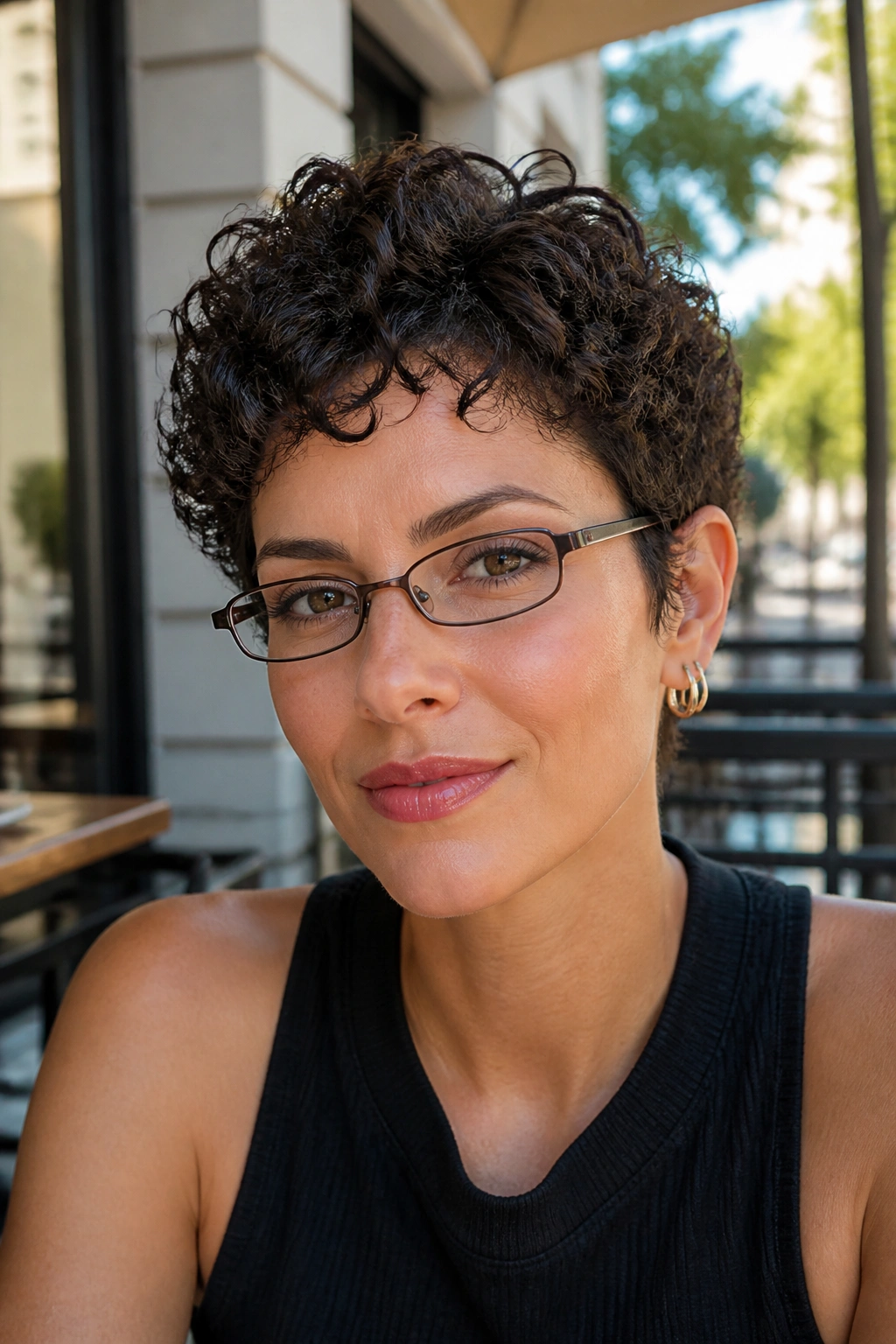 Close-up of a woman with curly hair kept above the glasses, posing outdoors.