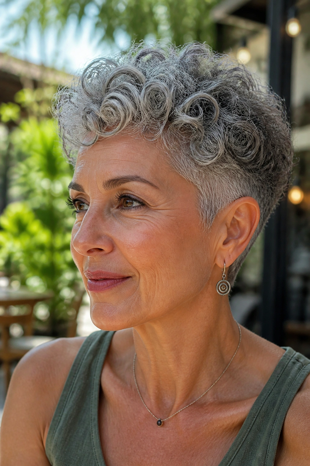 Close-up of a real woman with curly grey hair and tapered sides