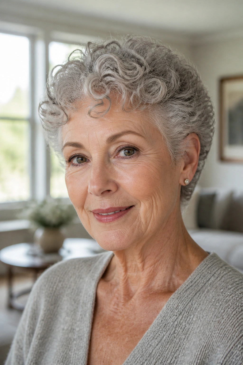 Close-up of a real 60s woman with curly crop hairstyle in bright living room