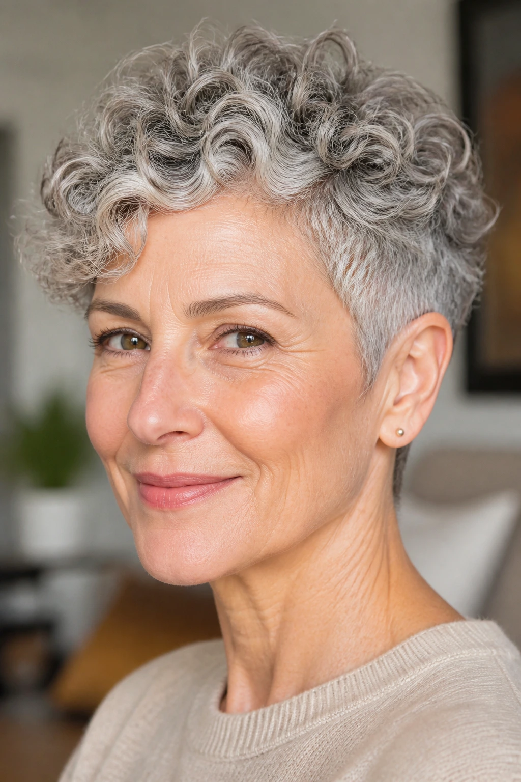Portrait of a real woman with a curly crop.