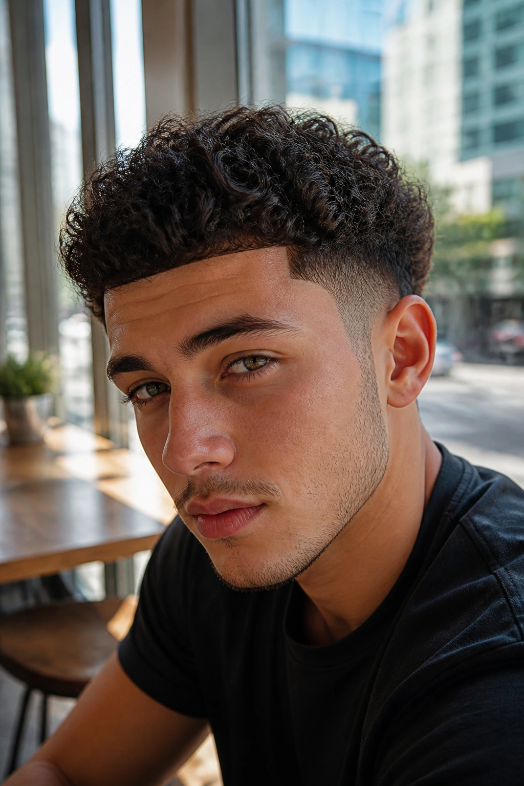 Close-up portrait of a man with curly crop and clean line-up highlighting a sharp hairline.